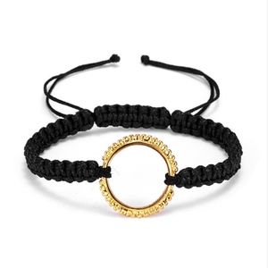Gold Circle Quote Braided Black Rope Lace Bangle